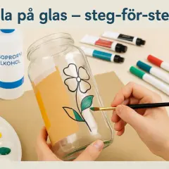 En hand målar ett blommönster på ett glas med en pensel. Bredvid finns isopropanol, färgtuber och en palett.