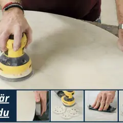 Man polerar marmor med en excenterslip. Bilden visar steg för steg hur man får en blank yta.