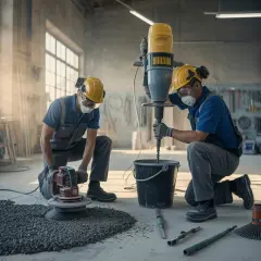 Två byggarbetare förbereder sig för att gjuta betong. En blandar med en stor mixer, den andra förbereder ytan.