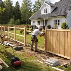 Man bygger ett nytt trästaket runt ett hus. Verktyg och material ligger utspridda, vilket visar hur man kan bygga billigt staket själv.