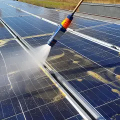 Rengöring av solceller för optimalt underhåll. Vatten sprutas på smutsiga paneler för att avlägsna damm och pollen.