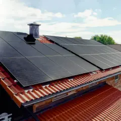 Solceller monterade på ett tegeltak. Solen skiner och fångas upp av panelerna.