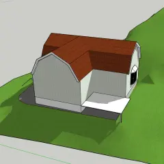 3D-modell av ett hus som ska bygga ut. Ett modernt tillägg planeras för det gamla huset, med en ny takkonstruktion och fasad.