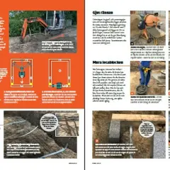 Byggnadsarbetare gräver en grund med en minigrävare. En illustration visar hur man lägger dräneringsrör runt en grund för att skapa en **mura grund**.
