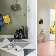 Hall med geometriskt mönster på golvet, inspirerat av att måla parkettgolv. Till höger ett rum med rosa golv och en gul dörr.