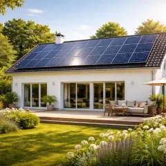Vackert hus med solceller på taket, redo för en grön framtid. Välj solceller med eller utan batteri för optimal energilagring.