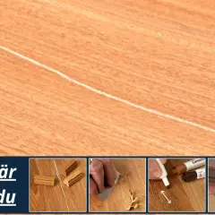 Husmorstips för att fixa **repor i parkett**. Bilden visar hur man reparerar skador på trägolv med vax och färgpenna.