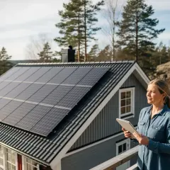 Kvinna med surfplatta på altanen framför ett hus med solceller på taket.
