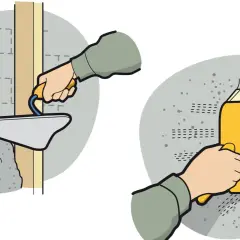 Två steg i putsbruk inomhus: applicering med spackel och utjämning med en svamp.