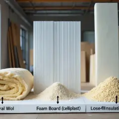 Olika isoleringsmaterial: en rulle stenull eller glasull, cellplastskivor och löst isoleringsmaterial.