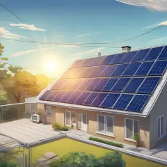 Solceller på taket av ett hus, redo för ett produktionsavtal solceller. Solen skiner starkt.