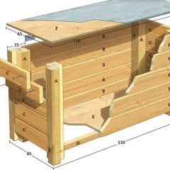 Ritning för att bygga en dynbox i trä. Visar delar A-F och mått.
