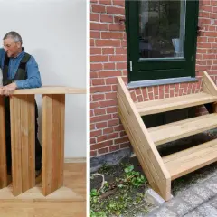 Man bygger en trappa utomhus. En färdigbyggd trappa leder upp till en dörr.