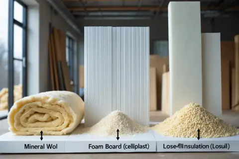 Olika isoleringsmaterial: en rulle stenull eller glasull, cellplastskivor och löst isoleringsmaterial.