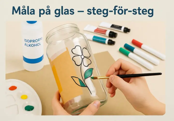 En hand målar ett blommönster på ett glas med en pensel. Bredvid finns isopropanol, färgtuber och en palett.