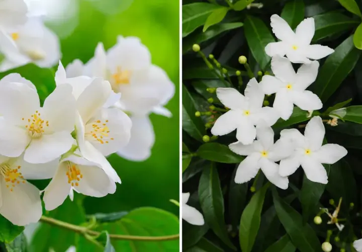 Två närbilder av vita jasminblommor. Till vänster en buske med fyllda blommor, till höger en med enkla stjärnformade blommor.