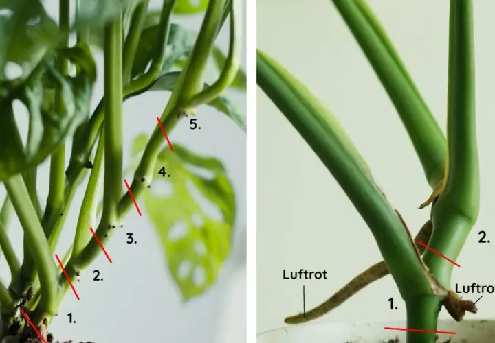 Så här tar du en paraplyaralia stickling. Bilden visar var du ska klippa för att få nya plantor.