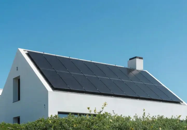 Modernt vitt hus med många mörka solceller på taket, som visar olika typer av solceller för hållbar energi.