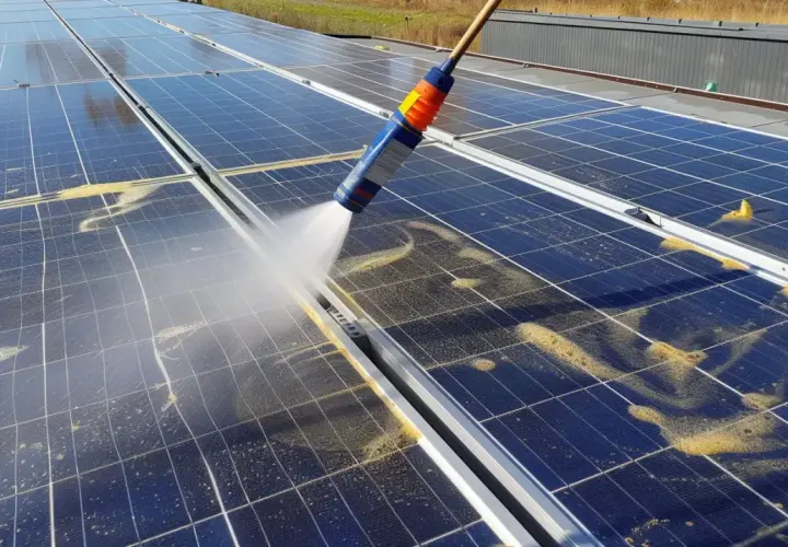 Rengöring av solceller för optimalt underhåll. Vatten sprutas på smutsiga paneler för att avlägsna damm och pollen.