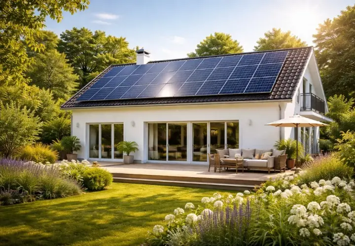 Vackert hus med solceller på taket, redo för en grön framtid. Välj solceller med eller utan batteri för optimal energilagring.