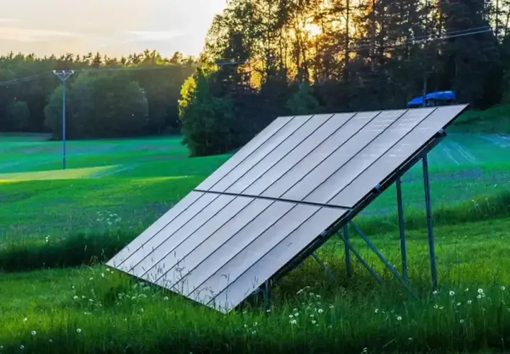 Solpaneler på marken fångar solens strålar i ett grönt landskap. Solnedgången lyser upp skogen bakom.