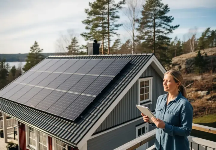 Kvinna med surfplatta på altanen framför ett hus med solceller på taket.