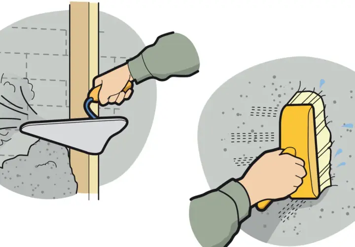 Två steg i putsbruk inomhus: applicering med spackel och utjämning med en svamp.