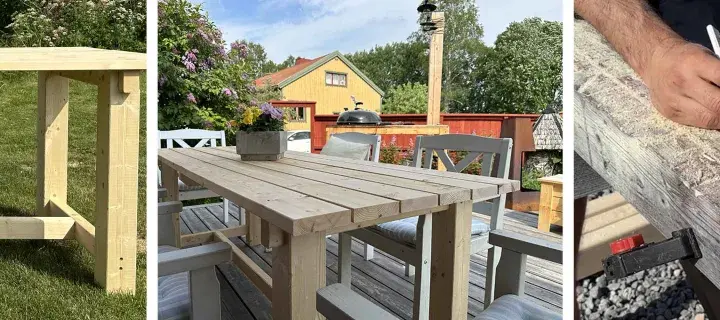 Bygga utebord: Enkla steg för att skapa ett robust utomhusbord. Trädetaljer, verktyg och ett färdigt bord i trädgården.