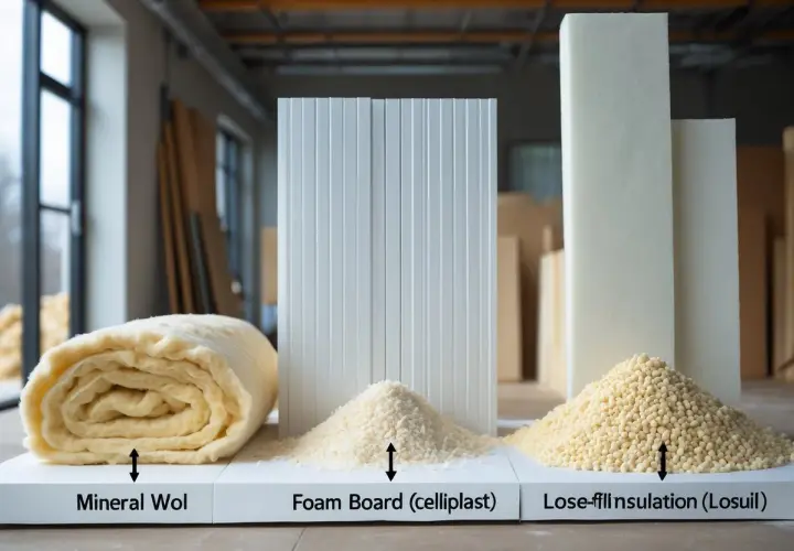 Olika isoleringsmaterial: en rulle stenull eller glasull, cellplastskivor och löst isoleringsmaterial.