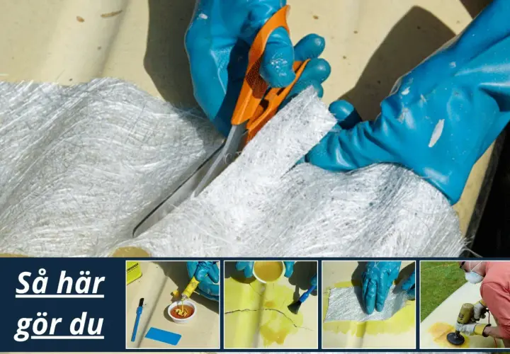 Här visas hur du kan laga glasfiber. En person klipper glasfiberväv med en orange sax.