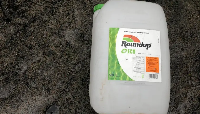 En stor vit dunk med etikett för Roundup ECO, ett glyfosatbaserat ogräsmedel, står på en grå, fuktig yta.