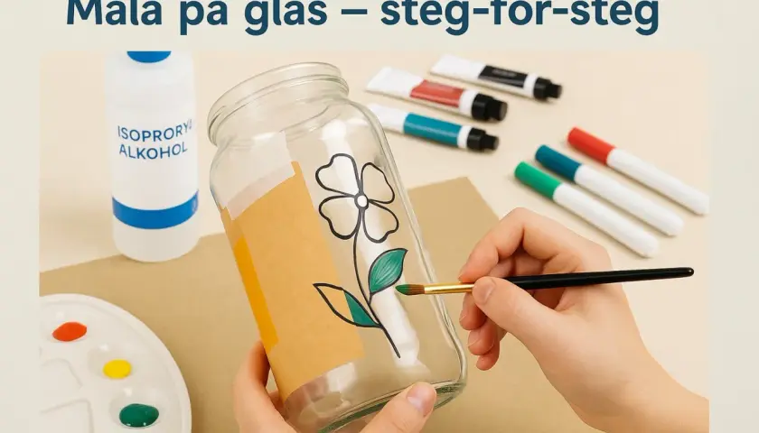 En hand målar ett blommönster på ett glas med en pensel. Bredvid finns isopropanol, färgtuber och en palett.