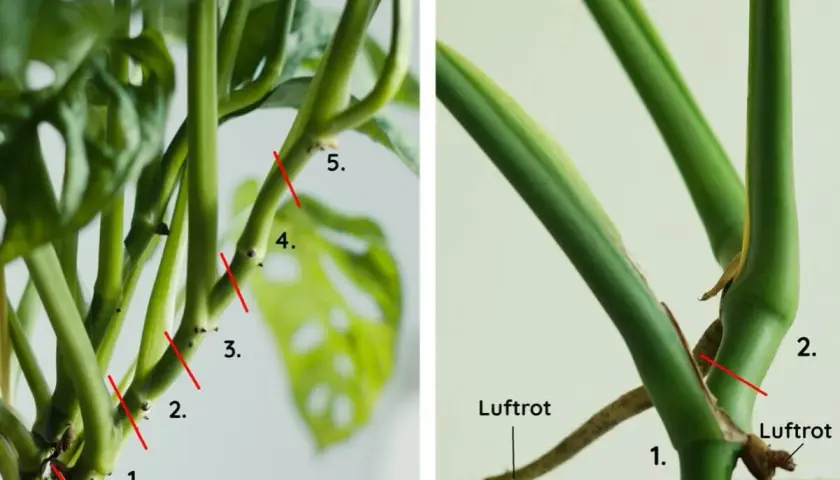 Så här tar du en paraplyaralia stickling. Bilden visar var du ska klippa för att få nya plantor.