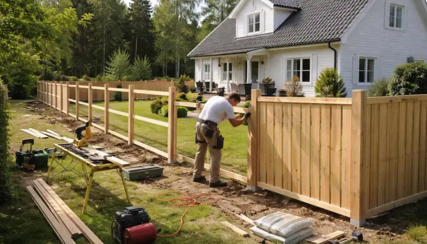 Man bygger ett nytt trästaket runt ett hus. Verktyg och material ligger utspridda, vilket visar hur man kan bygga billigt staket själv.