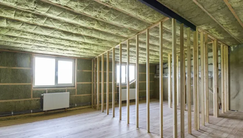 Rummet är under renovering med träreglar och ljudisolering på väggar och tak. Två fönster med vita element under.