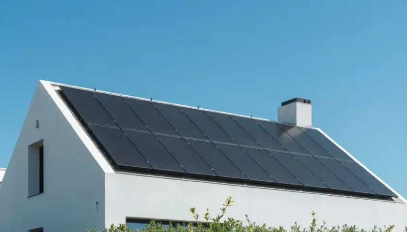 Modernt vitt hus med många mörka solceller på taket, som visar olika typer av solceller för hållbar energi.