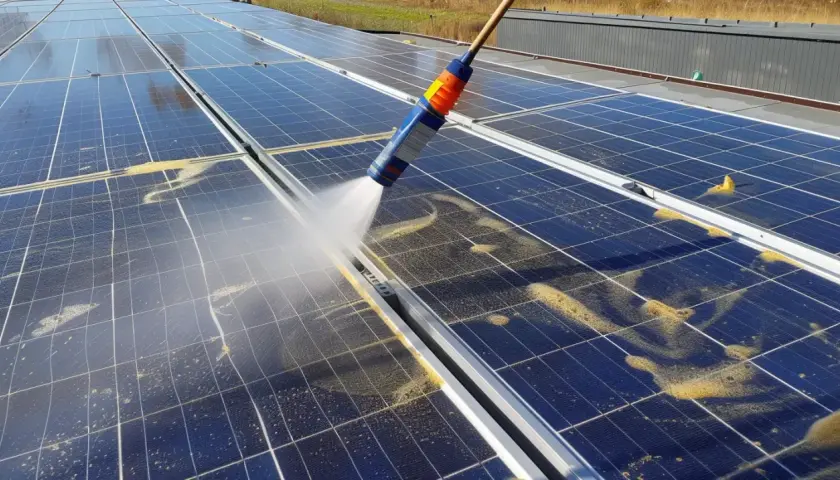 Rengöring av solceller för optimalt underhåll. Vatten sprutas på smutsiga paneler för att avlägsna damm och pollen.