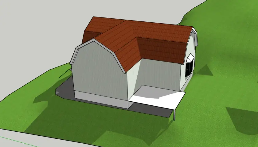 3D-modell av ett hus som ska bygga ut. Ett modernt tillägg planeras för det gamla huset, med en ny takkonstruktion och fasad.