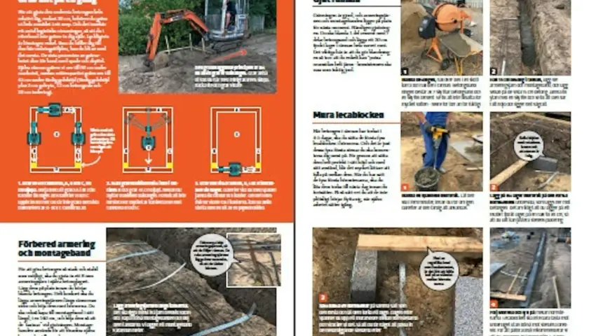 Byggnadsarbetare gräver en grund med en minigrävare. En illustration visar hur man lägger dräneringsrör runt en grund för att skapa en **mura grund**.