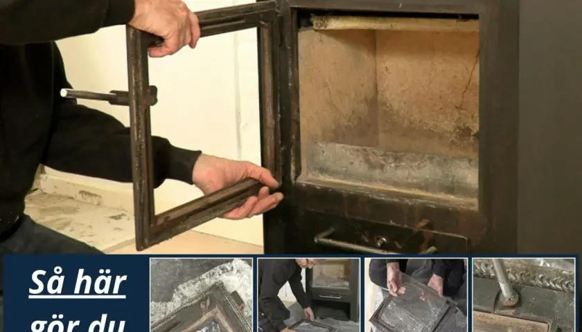 En person tar bort en dörr från en kamin där man ser en sprucken sten i kaminens inre.