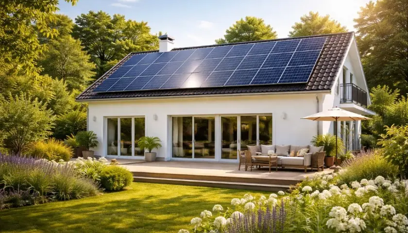 Vackert hus med solceller på taket, redo för en grön framtid. Välj solceller med eller utan batteri för optimal energilagring.