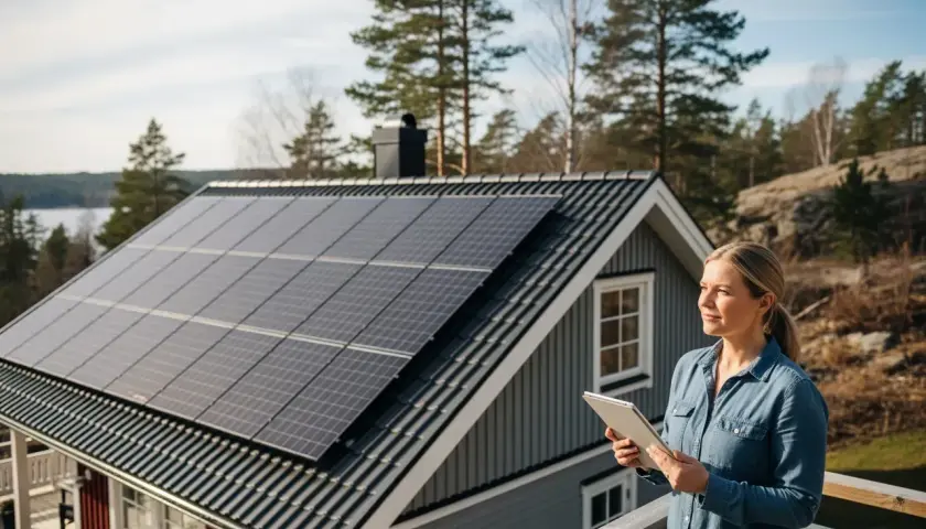 Kvinna med surfplatta på altanen framför ett hus med solceller på taket.
