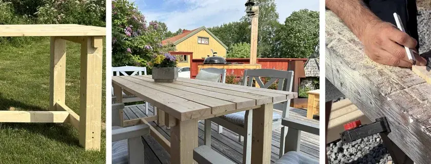 Bygga utebord: Enkla steg för att skapa ett robust utomhusbord. Trädetaljer, verktyg och ett färdigt bord i trädgården.