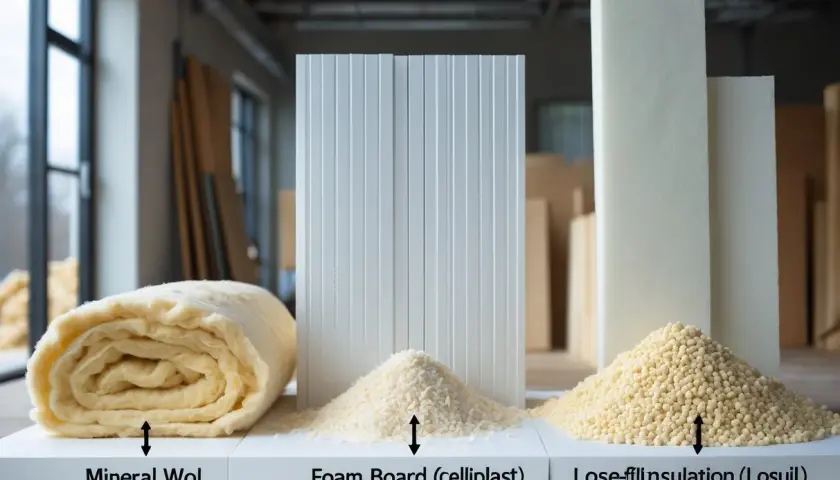 Olika isoleringsmaterial: en rulle stenull eller glasull, cellplastskivor och löst isoleringsmaterial.