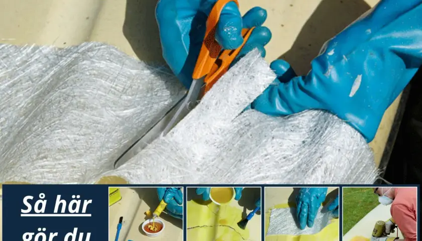 Här visas hur du kan laga glasfiber. En person klipper glasfiberväv med en orange sax.