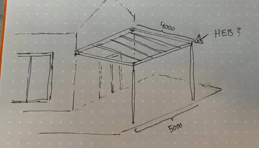 Skiss av altan/carport med mått 4000x5000. Frågetecken vid HEB-balken indikerar behov av dimensionering stålbalk.