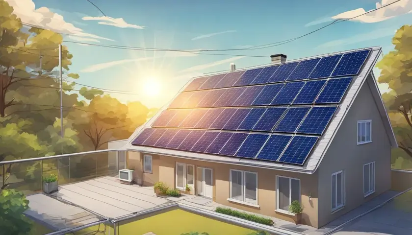 Solceller på taket av ett hus, redo för ett produktionsavtal solceller. Solen skiner starkt.