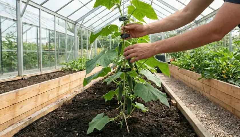 Händer som hjälper till att binda upp gurka i ett växthus. Gurkplantan växer sig stark och bär frukt.