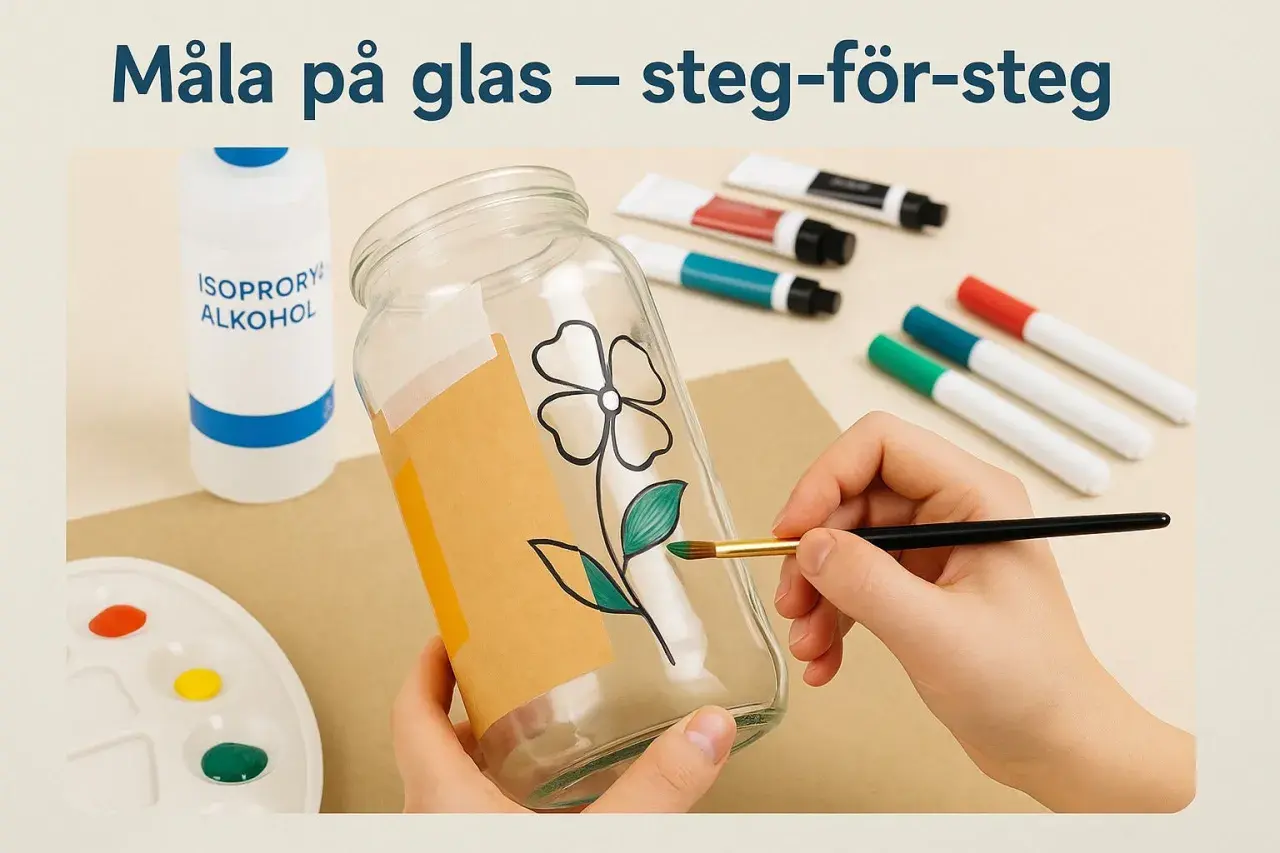 En hand målar ett blommönster på ett glas med en pensel. Bredvid finns isopropanol, färgtuber och en palett.