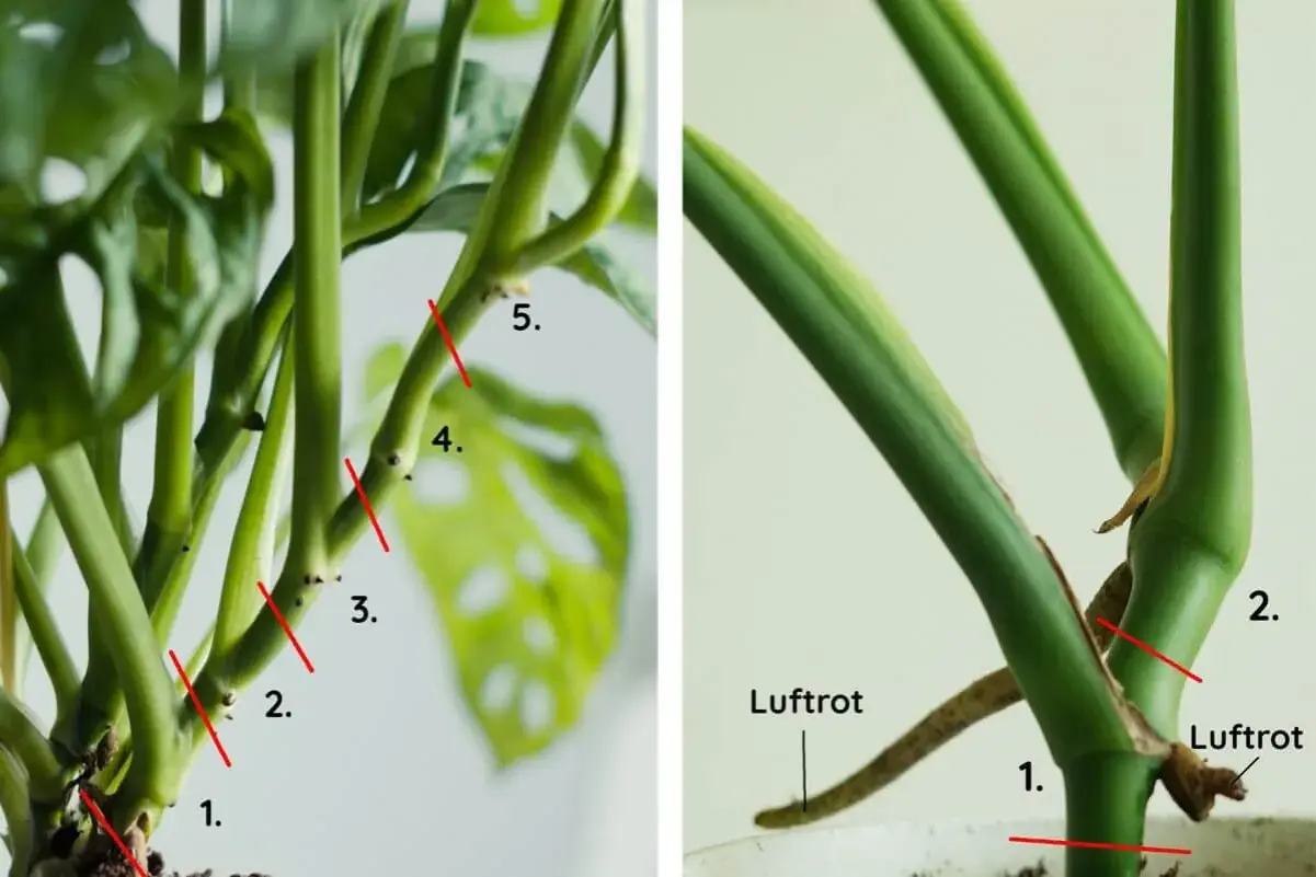 Så här tar du en paraplyaralia stickling. Bilden visar var du ska klippa för att få nya plantor.